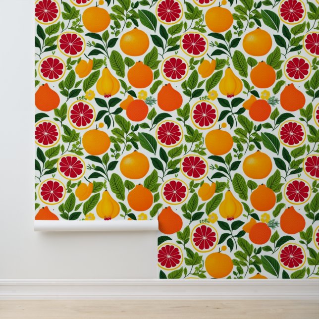 Vibrant Citrus, Pears, and Leaves Pattern Wallpaper (Application)