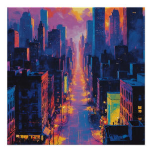 Vibrant Cityscape at Sunset Neon Lights Digital Poster