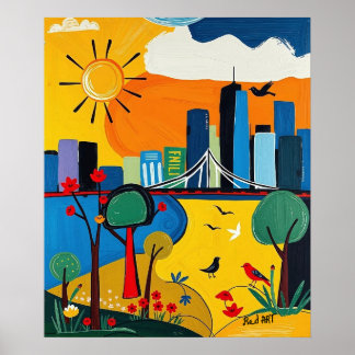 Vibrant Cityscape Blending Urban and Nature Poster