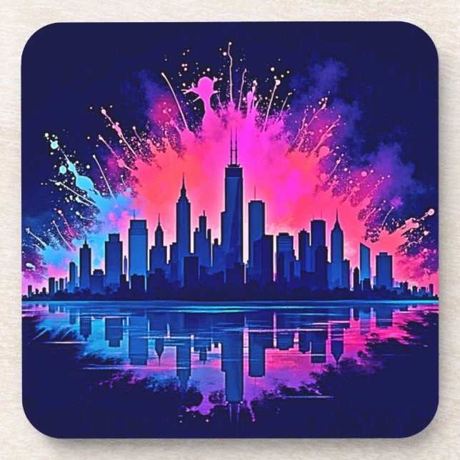 Vibrant Cityscape Splash Art Beverage Coaster (Front)