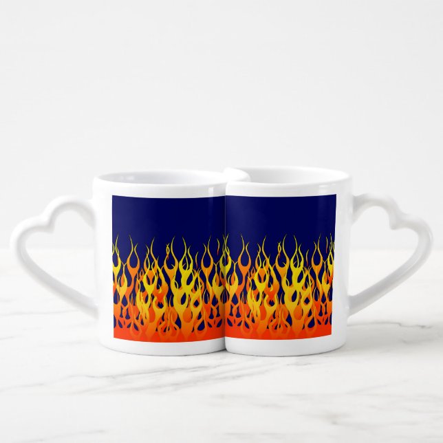 Vibrant Classic Racing Flames on Navy Blue Coffee Mug Set (Front Nesting)