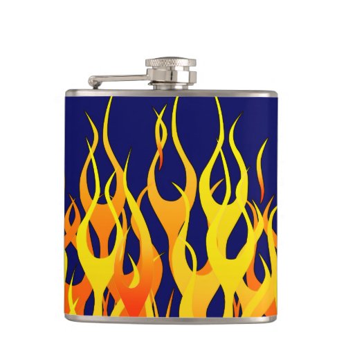 Vibrant Classic Racing Flames on Navy Blue Hip Flask