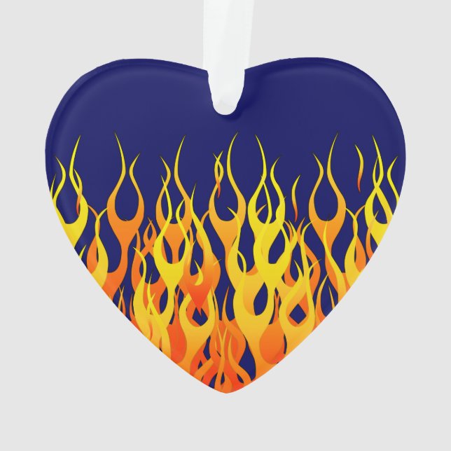 Vibrant Classic Racing Flames on Navy Blue Ornament (Back)