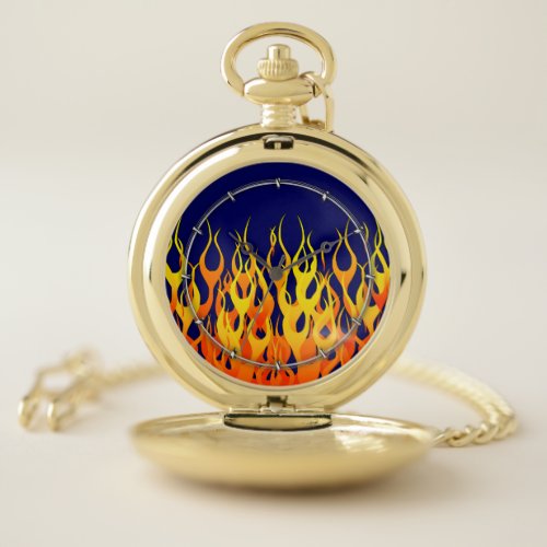 Vibrant Classic Racing Flames on Navy Blue Pocket Watch
