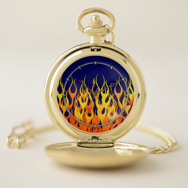 Vibrant Classic Racing Flames on Navy Blue Pocket Watch (Inside)