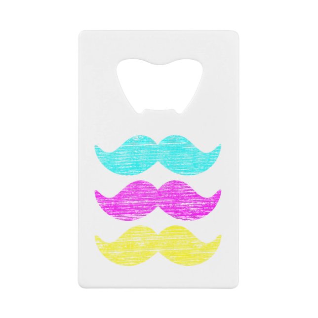 Vibrant CMY Mustache Pattern Bar Tool Credit Card Bottle Opener (Front)