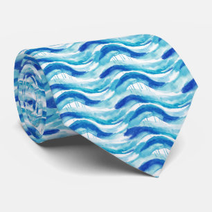 Vibrant Coastal Blue and Indigo Watercolor Ocean Neck Tie