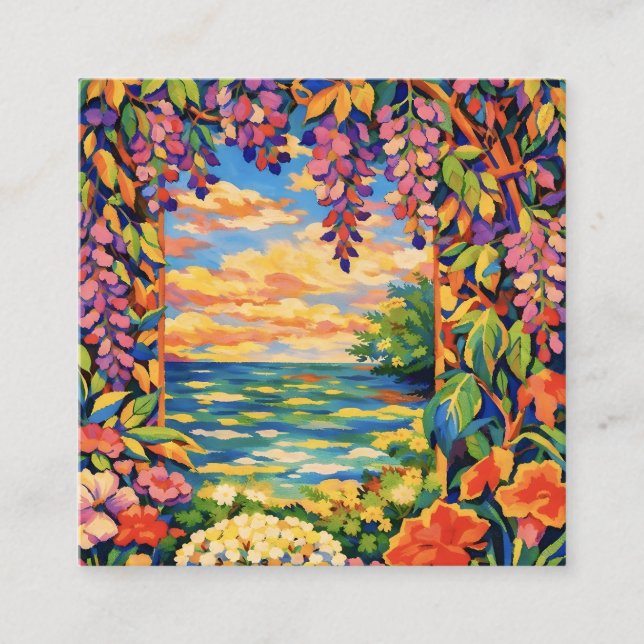Vibrant Coastal Garden Window – Fauvist Botanical  Square Business Card (Front)