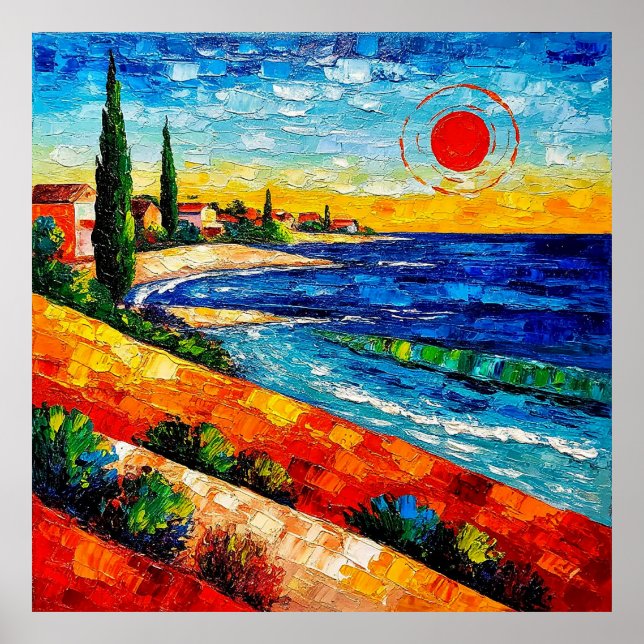 Vibrant Coastal Landscape with Colorful Sunset Poster (Front)