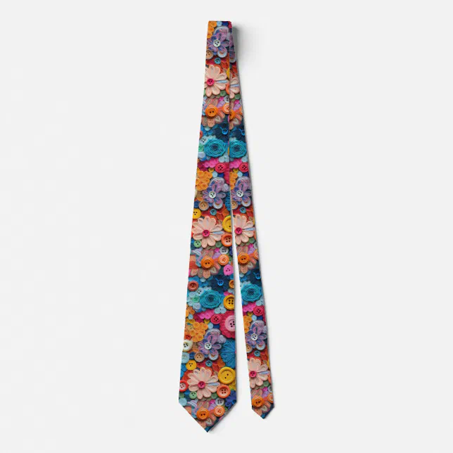 Vibrant Collection of Colorful Button Flowers Neck Tie (Rolled)