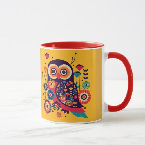 Vibrant color abstract owl design mug