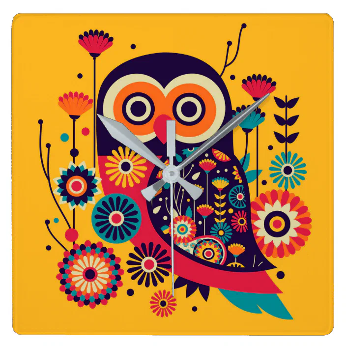 Vibrant Color Abstract Owl Design Square Wall Clock Zazzle Com - Colorful Owl Wall Clocks