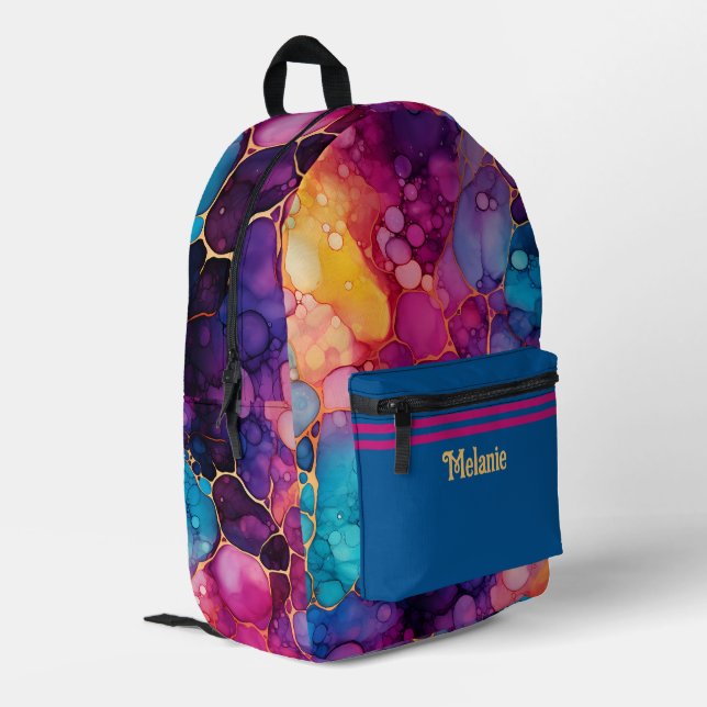 Vibrant Color Alcohol and Ink Splatter Monogrammed Printed Backpack (Back Corner Left)