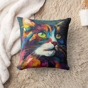 Vibrant Color Cat Face Art Decorative Pillow
