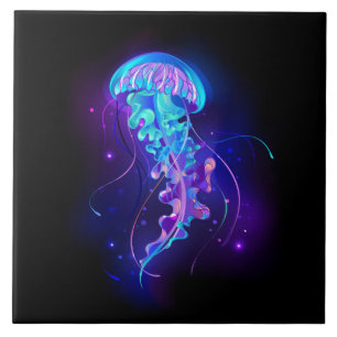 Vibrant Color Glowing Jellyfish Ceramic Tile