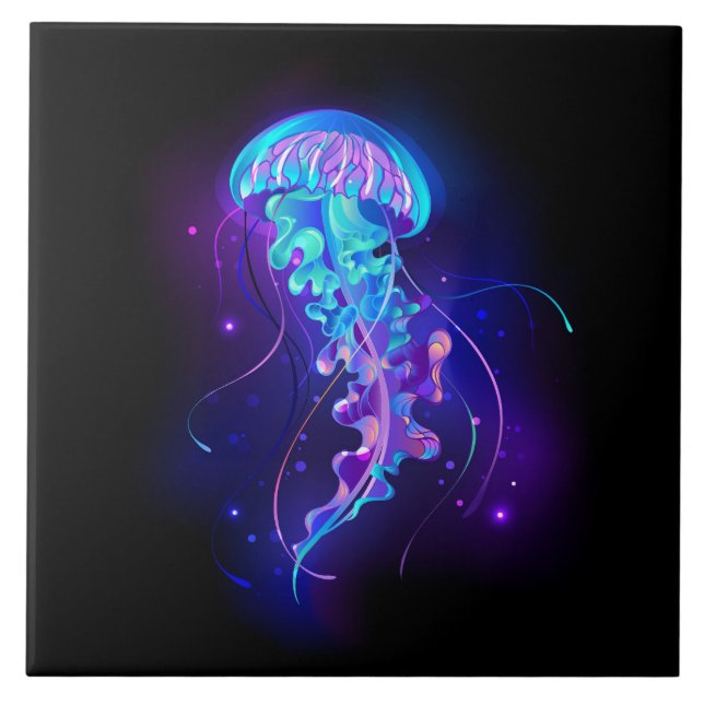 Vibrant Color Glowing Jellyfish Ceramic Tile (Front)