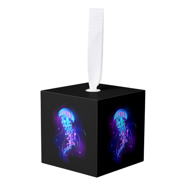 Vibrant Color Glowing Jellyfish Cube Ornament (Front Angled)