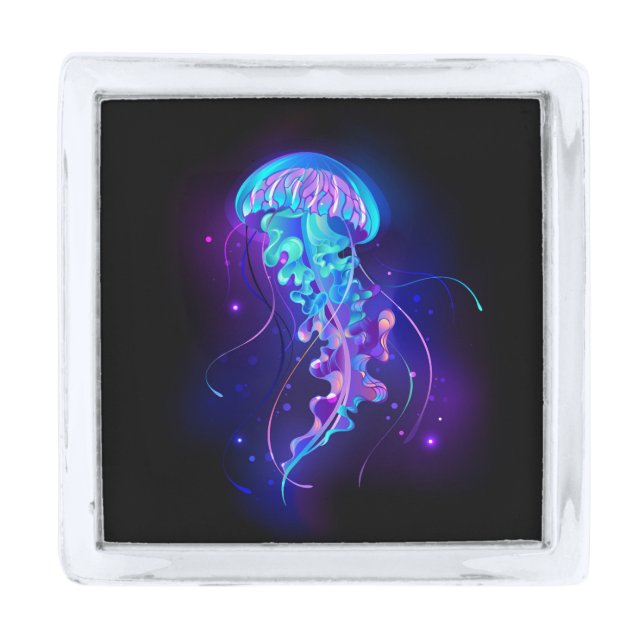 Vibrant Color Glowing Jellyfish Silver Finish Lapel Pin (Front)