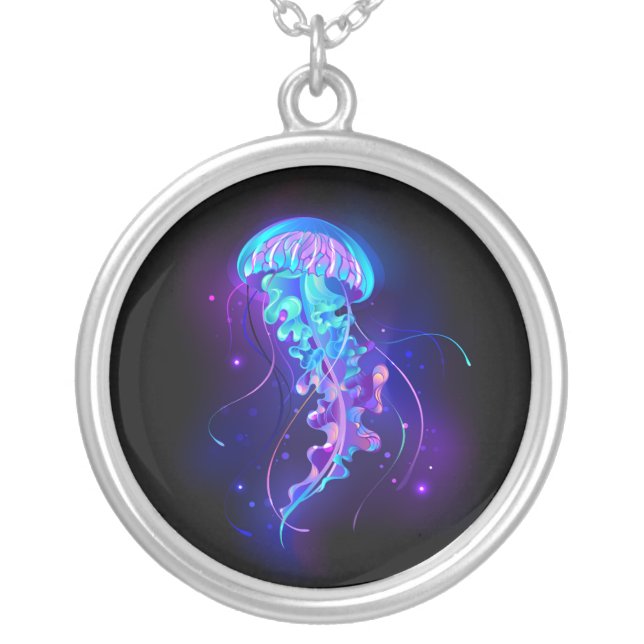 Vibrant Color Glowing Jellyfish Silver Plated Necklace (Front)