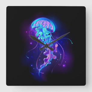 Vibrant Color Glowing Jellyfish Square Wall Clock