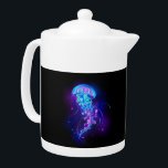 Vibrant Color Glowing Jellyfish Teapot<br><div class="desc">Large,  blue,  artistically drawn,  glowing,  bright jellyfish,  with long tentacles on black background with purple bioluminescence. Luminous jellyfish.</div>