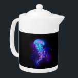 Vibrant Color Glowing Jellyfish Teapot<br><div class="desc">Large,  blue,  artistically drawn,  glowing,  bright jellyfish,  with long tentacles on black background with purple bioluminescence. Luminous jellyfish.</div>