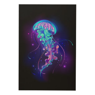 Vibrant Color Glowing Jellyfish Wood Wall Art