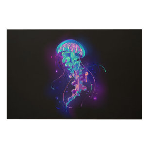 Vibrant Color Glowing Jellyfish Wood Wall Art