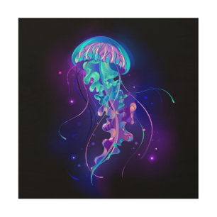 Vibrant Color Glowing Jellyfish Wood Wall Art
