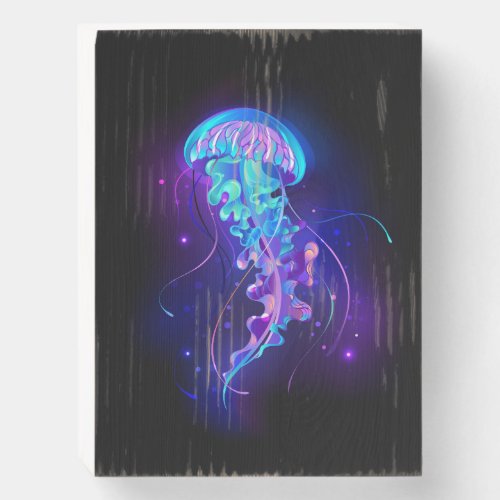 Vibrant Color Glowing Jellyfish Wooden Box Sign