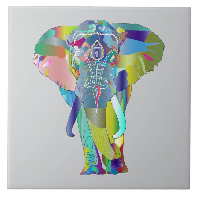 Vibrant Color Mandala Elephant Ceramic Tile (Front)