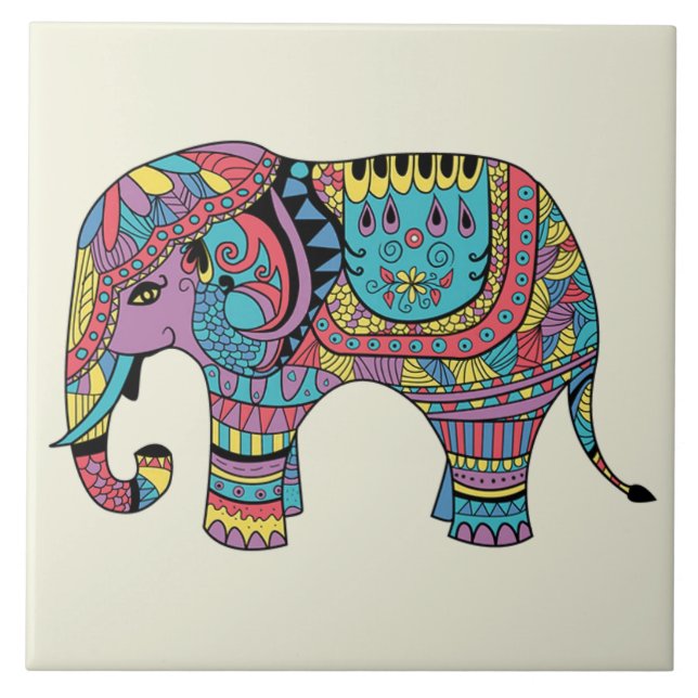 Vibrant Color Mandala Elephant Ceramic Tile (Front)