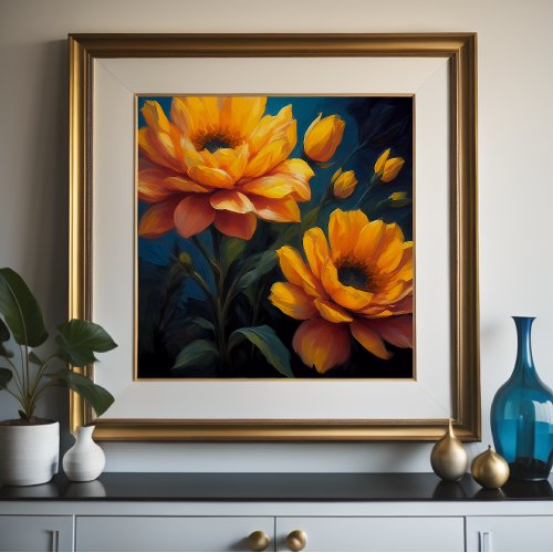 Vibrant Color Yellow Orange Flowers on Blue 11 Poster