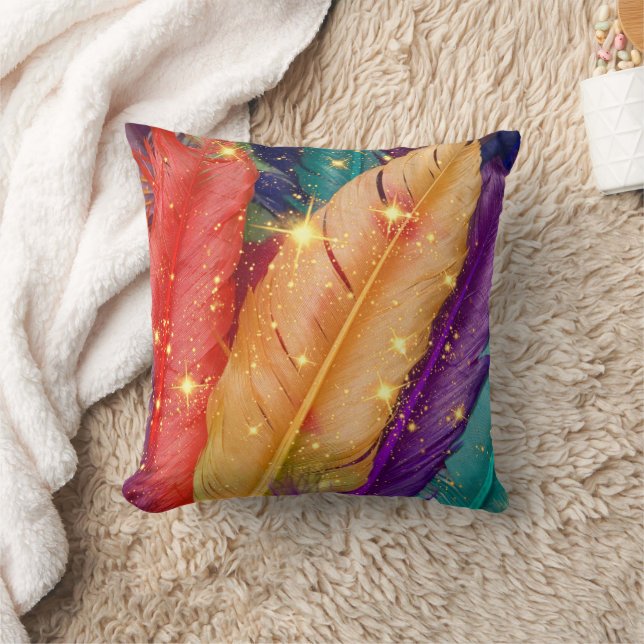 Vibrant Colored Feathers Throw Pillow (Blanket)