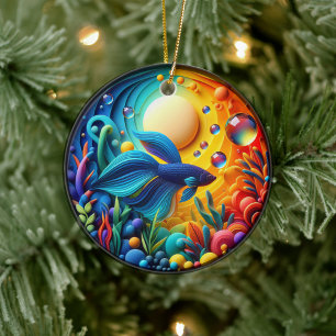 Vibrant Colored Glass Abstract Betta Fish Ceramic Ornament