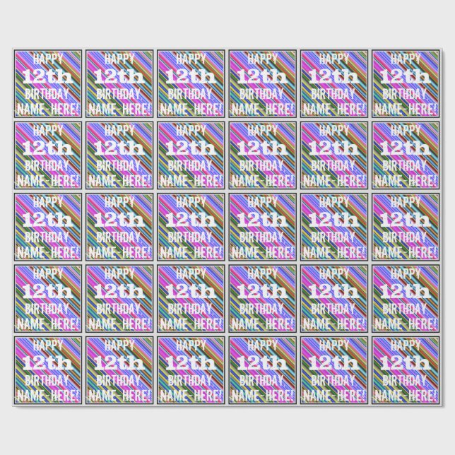 Vibrant, Colorful 12th Birthday + Custom Name Wrapping Paper (Flat)