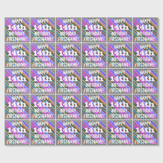 Vibrant, Colorful 14th Birthday + Custom Name Wrapping Paper (Flat)