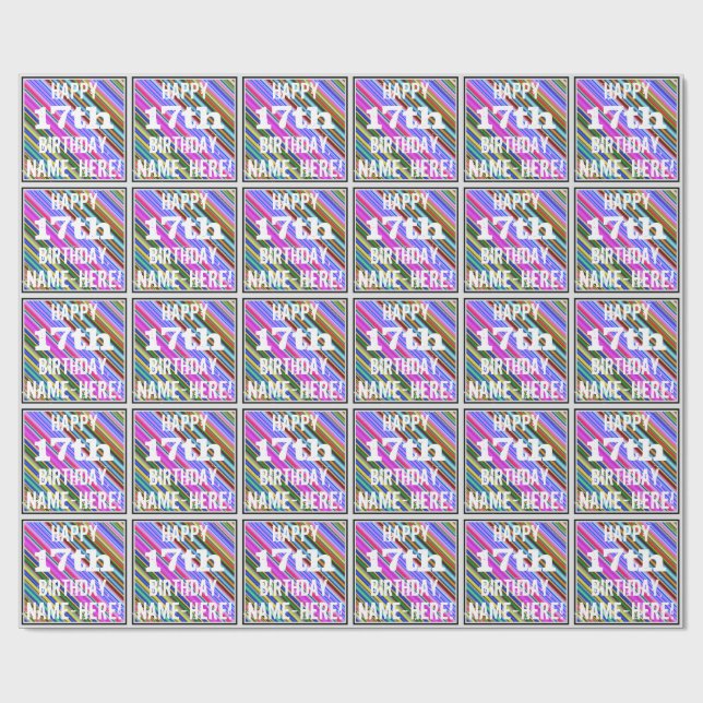 Vibrant, Colorful 17th Birthday + Custom Name Wrapping Paper (Flat)