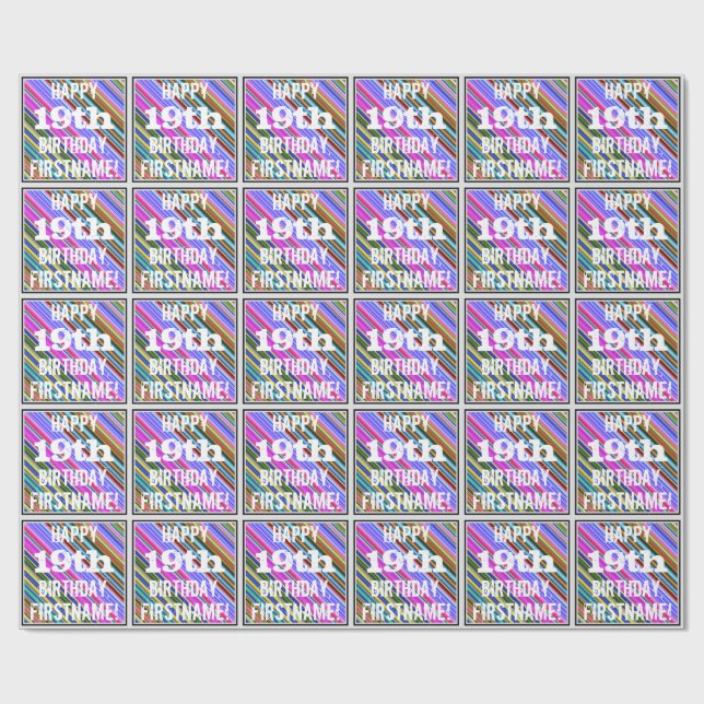 Vibrant, Colorful 19th Birthday + Custom Name Wrapping Paper (Flat)