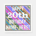 [ Thumbnail: Vibrant, Colorful 20th Birthday + Custom Name Paper Napkin ]