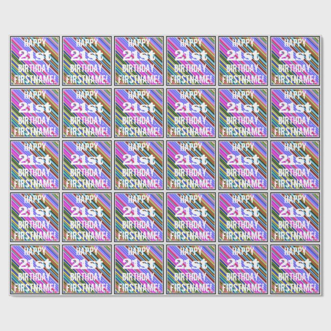 Vibrant, Colorful 21st Birthday + Custom Name Wrapping Paper (Flat)
