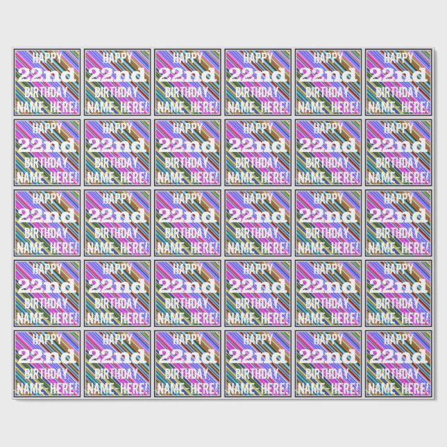 Vibrant, Colorful 22nd Birthday + Custom Name Wrapping Paper (Flat)