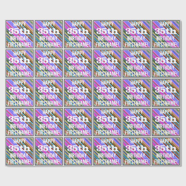 Vibrant, Colorful 35th Birthday + Custom Name Wrapping Paper (Flat)