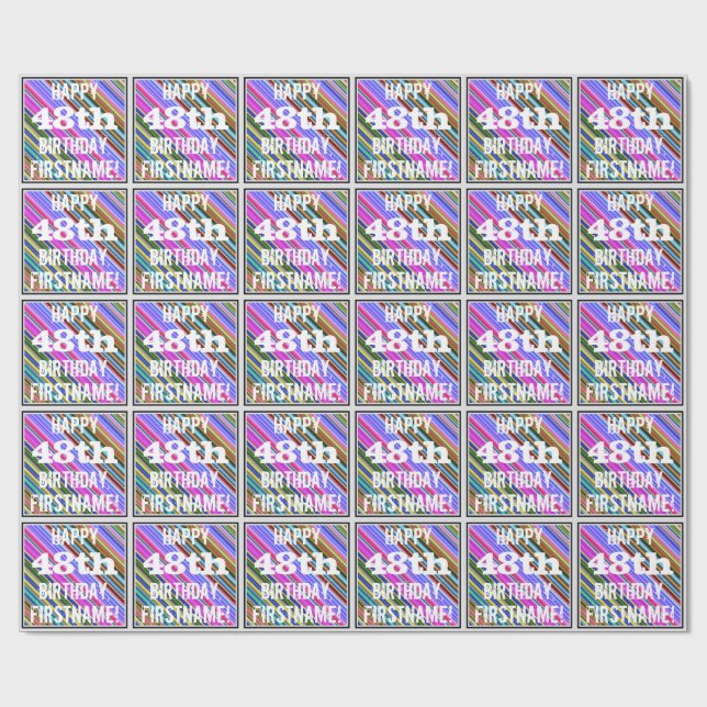 Vibrant, Colorful 48th Birthday + Custom Name Wrapping Paper (Flat)