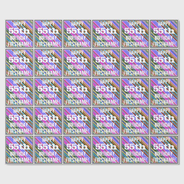 Vibrant, Colorful 55th Birthday + Custom Name Wrapping Paper (Flat)