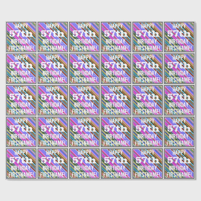 Vibrant, Colorful 57th Birthday + Custom Name Wrapping Paper (Flat)