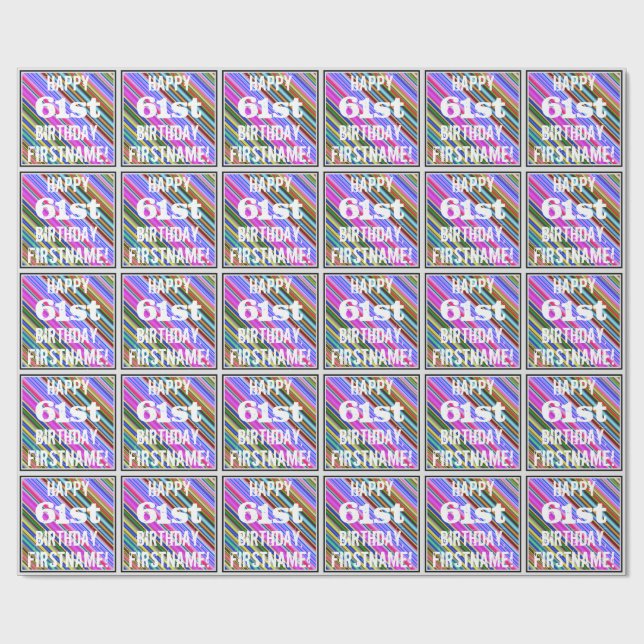Vibrant, Colorful 61st Birthday + Custom Name Wrapping Paper (Flat)