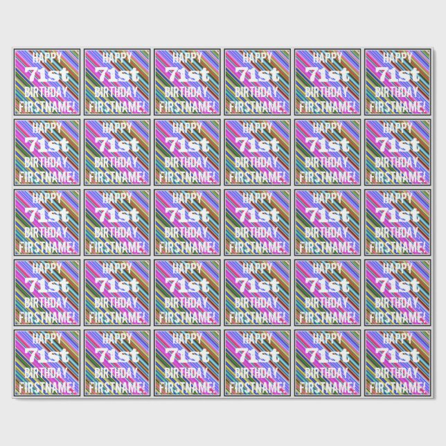 Vibrant, Colorful 71st Birthday + Custom Name Wrapping Paper (Flat)
