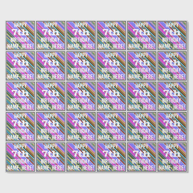 Vibrant, Colorful 7th Birthday + Custom Name Wrapping Paper (Flat)