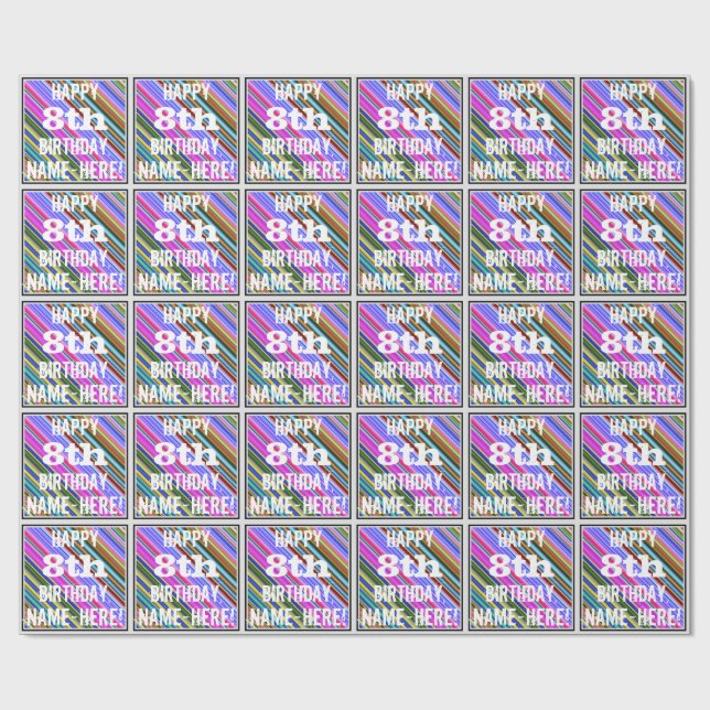 Vibrant, Colorful 8th Birthday + Custom Name Wrapping Paper (Flat)